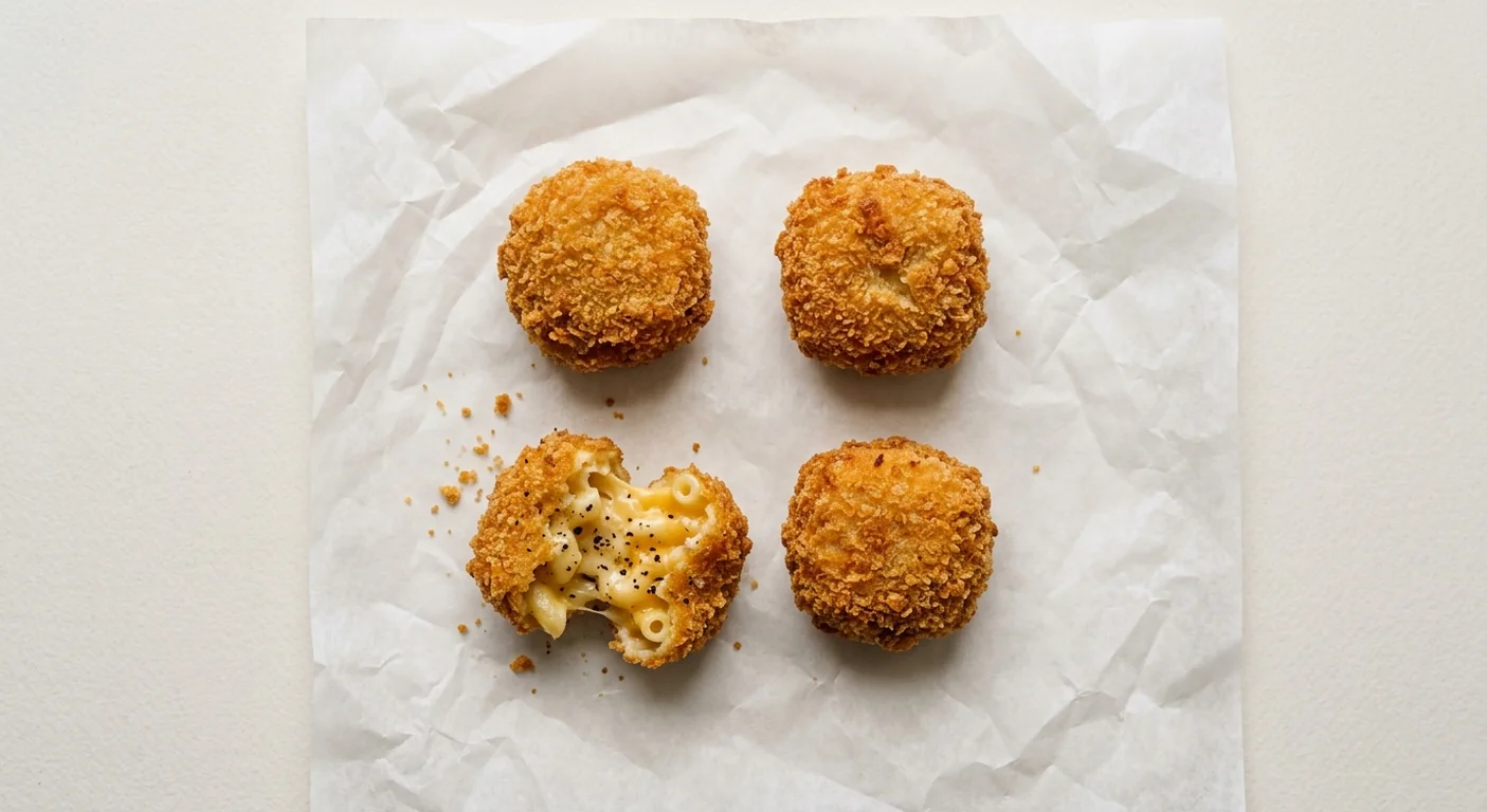 LEON Cheddar and Black Pepper Mac Bites (4), four breaded cheddar mac and cheese bites, one broken open on white paper, nutrition and calories