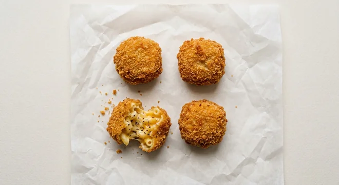LEON Cheddar and Black Pepper Mac Bites (4), four breaded cheddar mac and cheese bites, one broken open on white paper, nutrition and calories