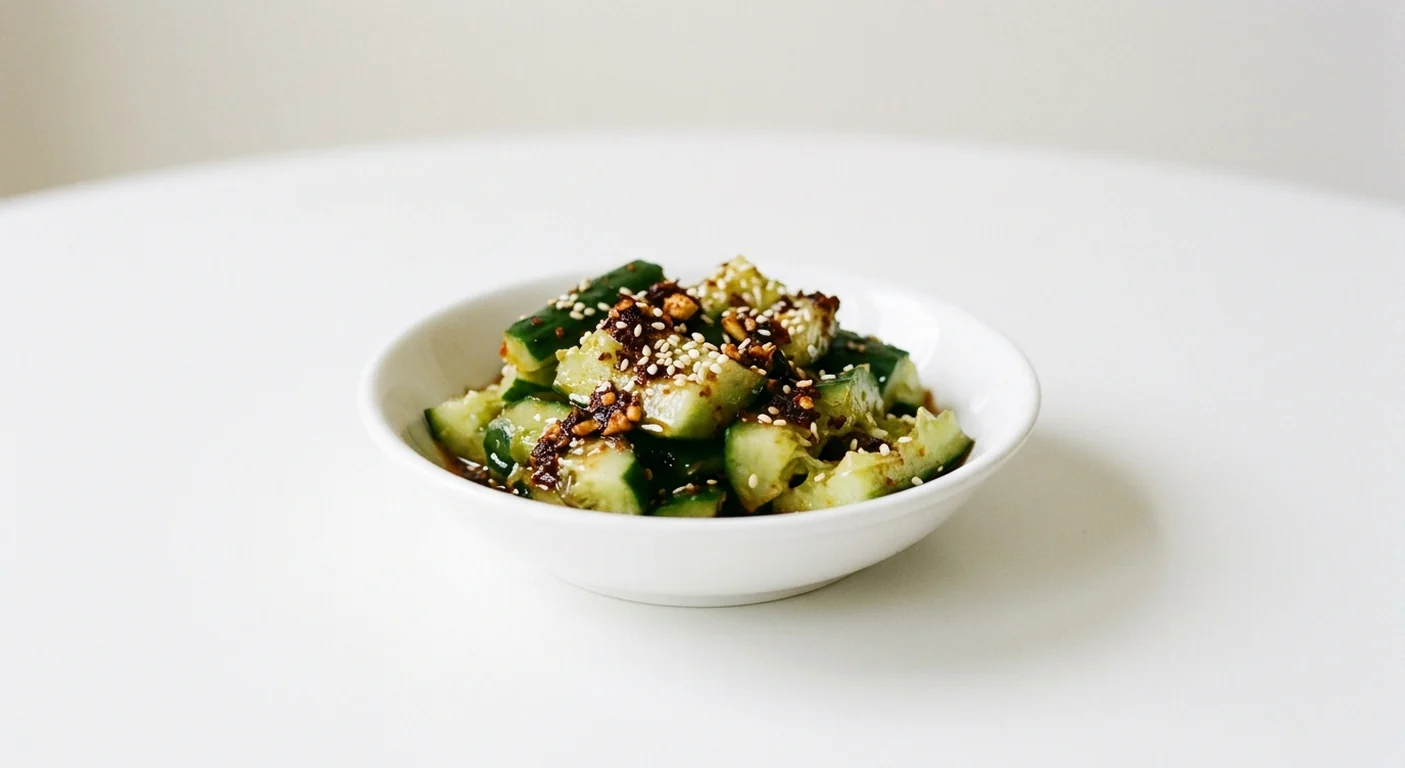 Wagamama Spicy Smashed Cucumber, smashed cucumber in crispy chilli oil with sesame seeds in a white bowl, nutrition and calories