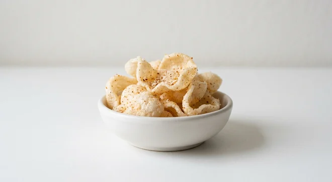 Wagamama Koko 'Prawn' Crackers, puffed vegan crackers dusted with coconut, chilli and lime salt in a white bowl, nutrition and calories