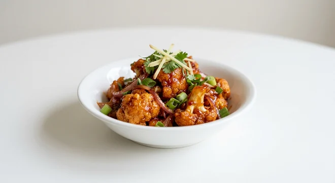 Wagamama Bang Bang Cauliflower, crispy cauliflower in sticky firecracker sauce with red onion, spring onion, ginger and coriander in a white bowl, nutrition and calories