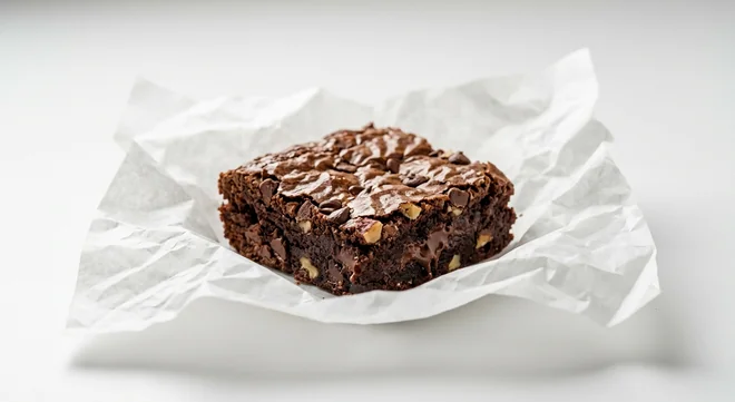 LEON Better Brownie, square fudgy chocolate brownie with chocolate chips and almonds on white paper, nutrition and calories