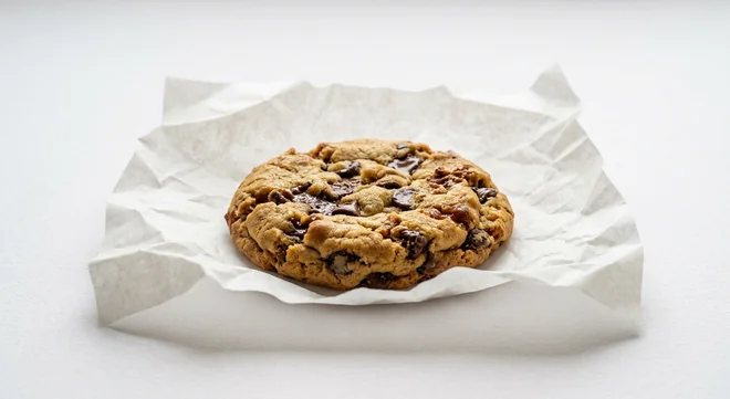 LEON Chocolate Chip Cookie, large golden cookie with dark chocolate chips on white paper, nutrition and calories