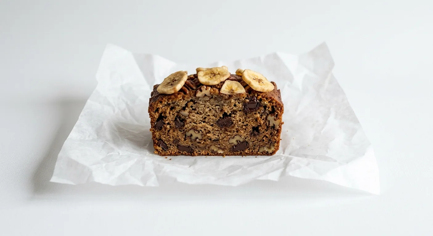 LEON Choconutty Banana Bread, thick slice of banana bread with dark chocolate, walnuts, pecans and banana chips on white paper, nutrition and calories