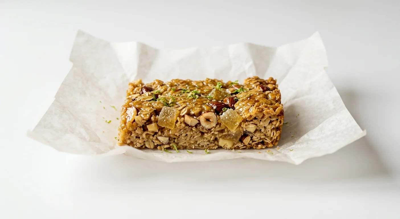 LEON Nutty Lime and Ginger Fabjack, golden oat flapjack bar with almonds, hazelnuts, ginger and lime zest on white paper, nutrition and calories