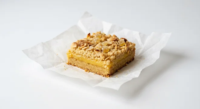 LEON Lemon Ginger Crunch, lemon curd traybake slice with almond base, crumble topping and crystallised ginger on white paper, nutrition and calories