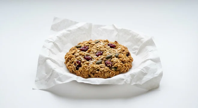 LEON Oat and Cranberry Cookie, large oat cookie with cranberries, pumpkin seeds and coconut on white paper, nutrition and calories