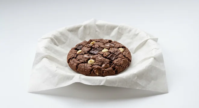 LEON Triple Choc-a-lot Cookie, large dark chocolate cookie with chocolate buttons on white paper, nutrition and calories
