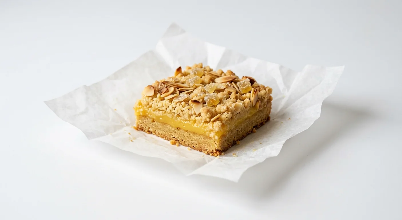 LEON Lemon Ginger Crunch, lemon curd traybake slice with almond base, crumble topping and crystallised ginger on white paper, nutrition and calories