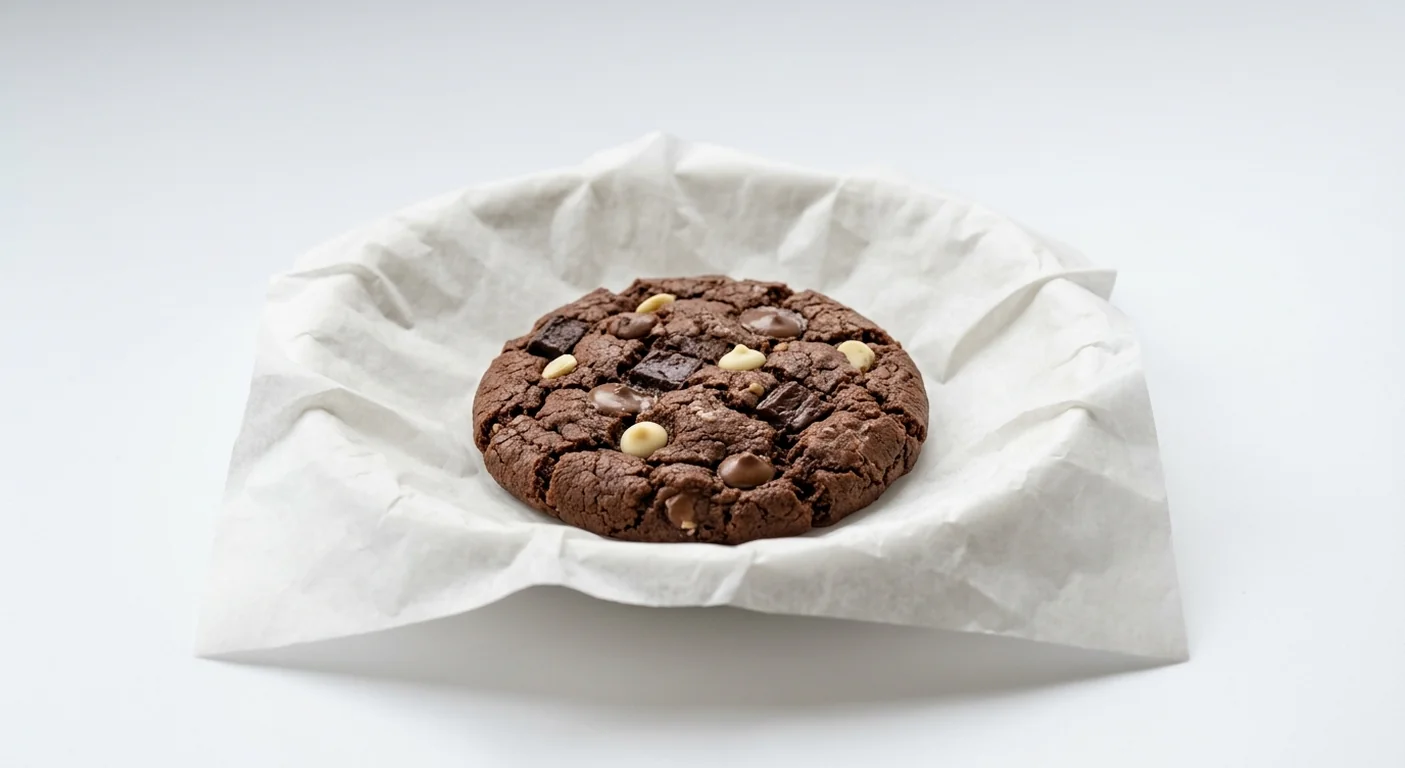LEON Triple Choc-a-lot Cookie, large dark chocolate cookie with chocolate buttons on white paper, nutrition and calories