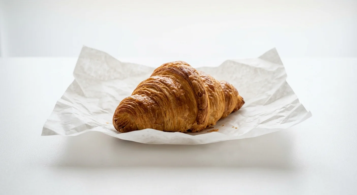 LEON Organic Butter Croissant, golden flaky butter croissant on white paper, nutrition and calories