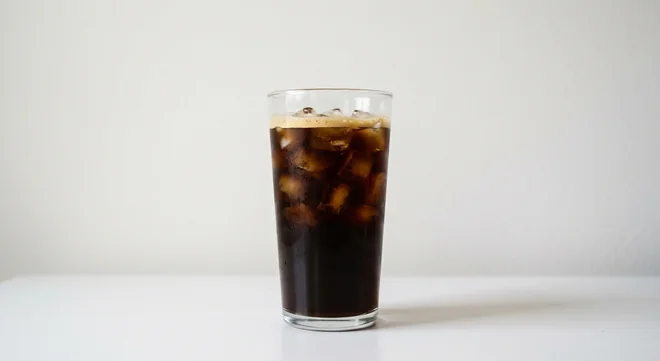 LEON Iced Americano (Coconut Milk, Regular), iced black americano over ice in a clear glass, nutrition and calories