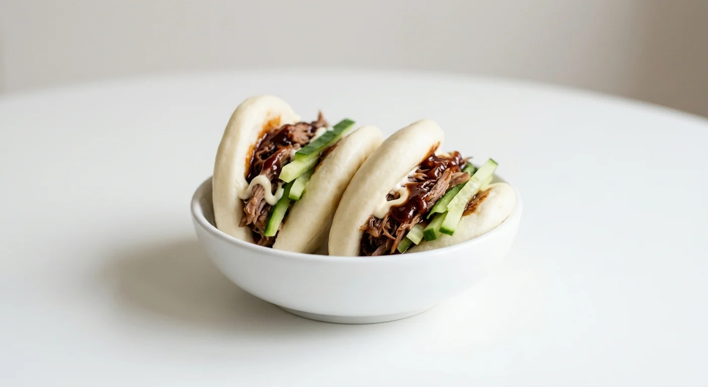 Wagamama Hoisin Pulled Duck Bao, two steamed bao buns filled with cherry hoisin pulled duck, cucumber and vegan mayo in a white bowl, nutrition and calories