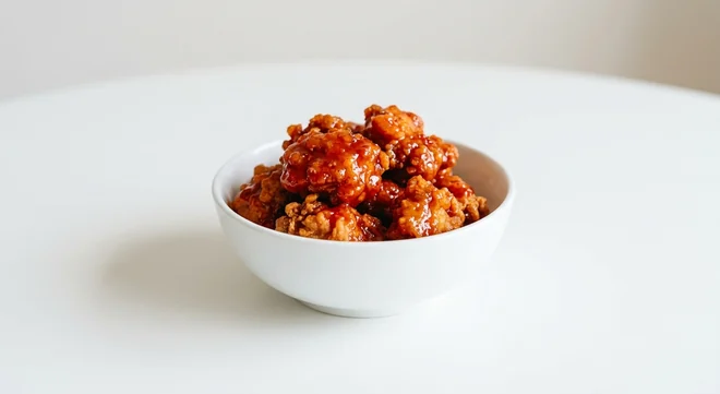 Wagamama Hot Honey Fried Chicken (Firecracker), crispy fried chicken pieces in a red hot honey and firecracker glaze in a white bowl, nutrition and calories