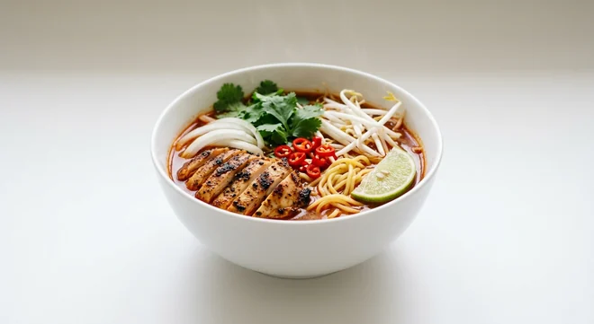 Wagamama Chilli Chicken Ramen, ramen noodles in spicy chicken broth with grilled chicken, beansprouts, coriander, red chilli and lime in a white bowl, nutrition and calories