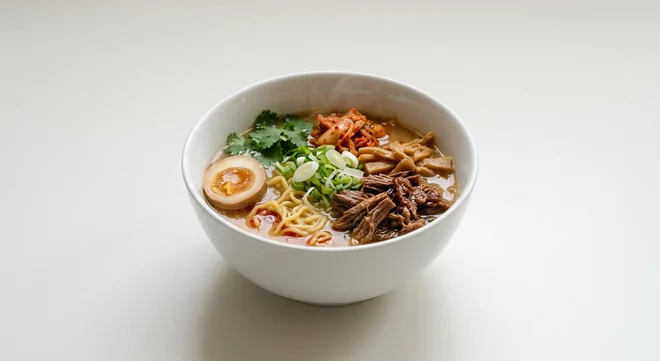 Wagamama Tantanmen Beef Brisket Ramen, ramen noodles in rich chicken broth with beef brisket, menma, kimchee, spring onion, coriander, chilli oil and half a tea-stained egg in a white bowl, nutrition and calories