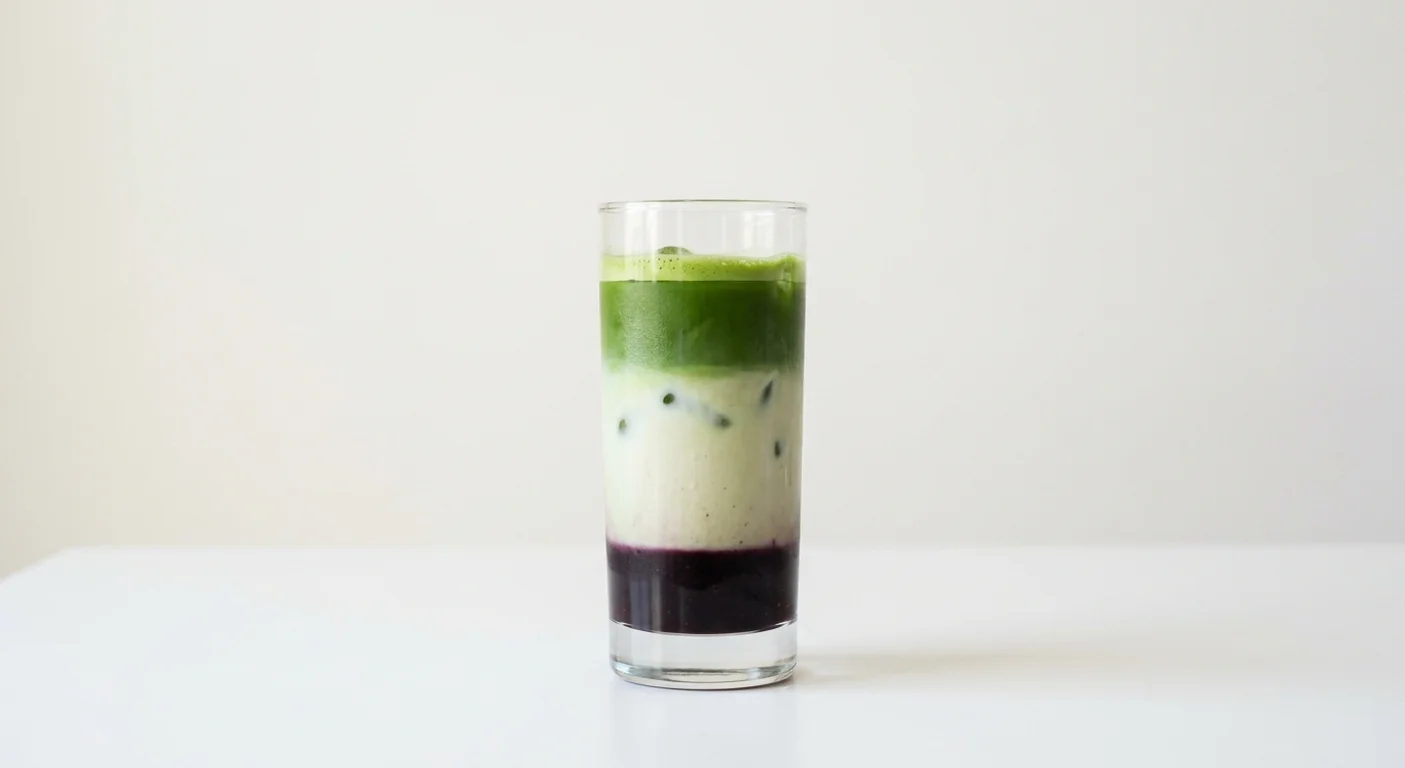 LEON Black Velvet Iced Matcha Latte (Coconut Milk, Regular), layered iced matcha latte with blackberry coulis over ice in a clear glass, nutrition and calories
