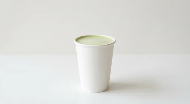 LEON Unsweetened Matcha Latte (Soya Milk, Regular), matcha latte with milk foam in a plain white paper cup, nutrition and calories