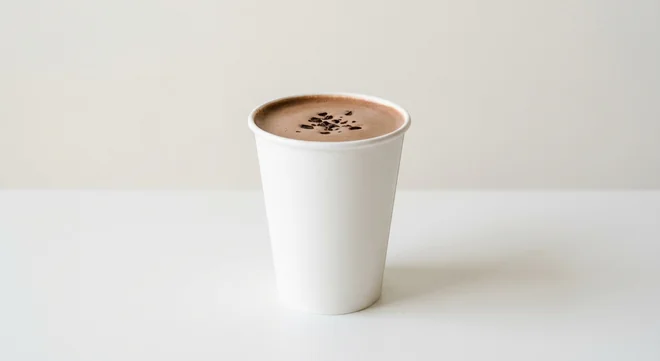 LEON Mocha (Coconut Milk, Large), mocha with milk foam and chocolate flakes in a plain white paper cup, nutrition and calories