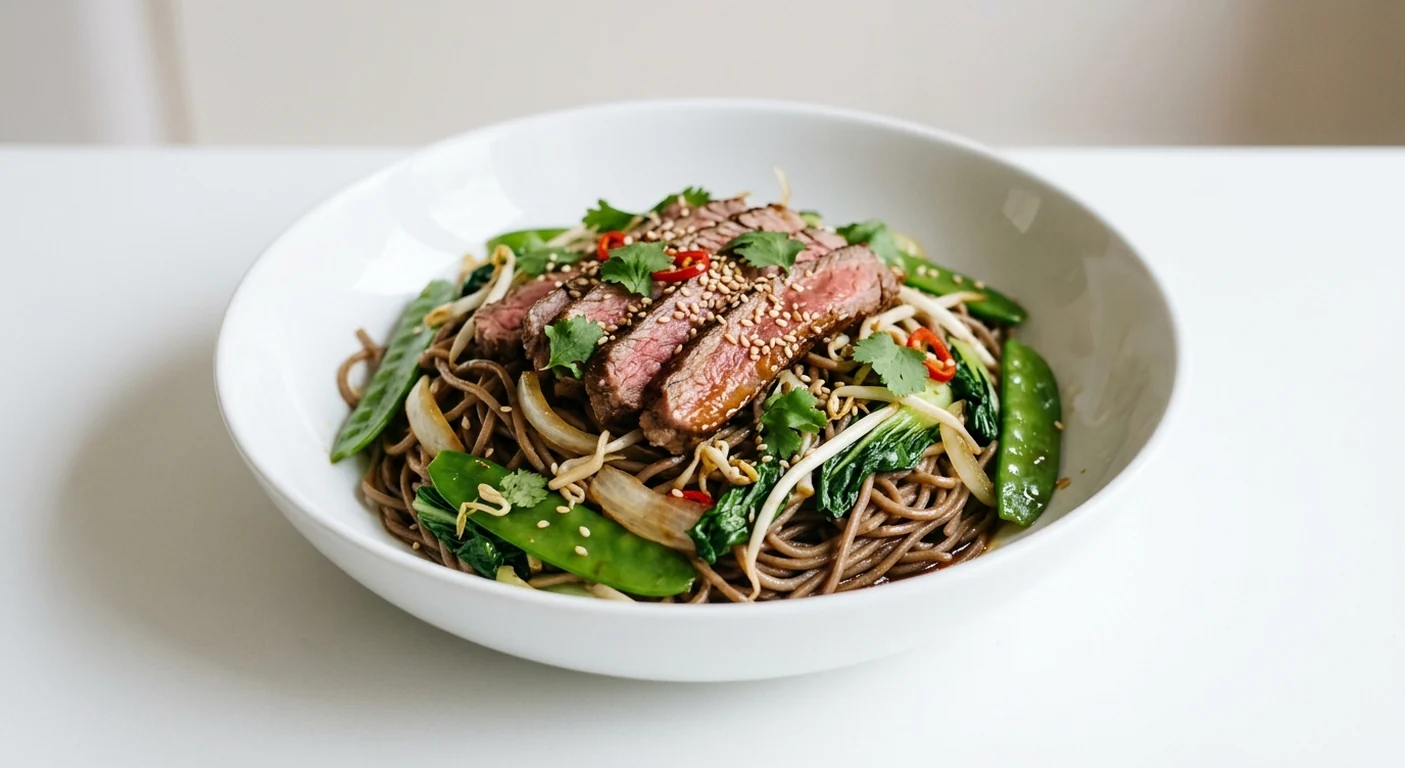 Wagamama Steak Teriyaki Soba, teriyaki soba noodles with sliced steak, mangetout, bok choi, chilli, coriander and sesame seeds in a white bowl, nutrition and calories