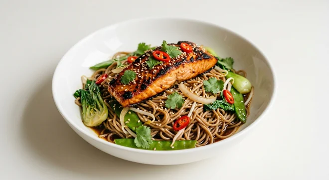 Wagamama Salmon Teriyaki Soba, teriyaki soba noodles with a grilled salmon fillet, mangetout, bok choi, chilli, coriander and sesame seeds in a white bowl, nutrition and calories