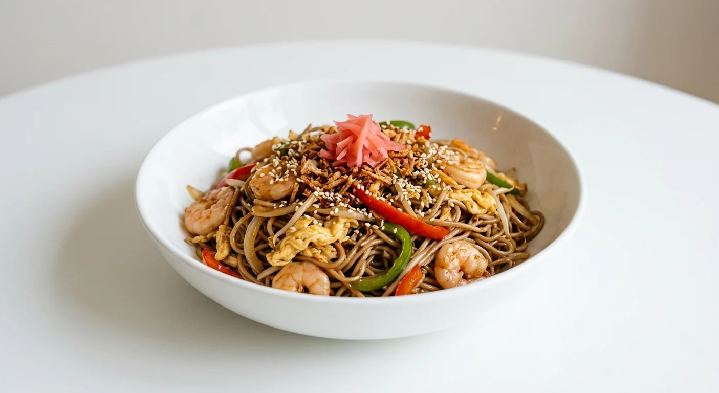 Wagamama Prawn Yaki Soba, soba noodles with prawns, egg, peppers, beansprouts, pickled ginger, crispy onions and sesame seeds in a white bowl, nutrition and calories