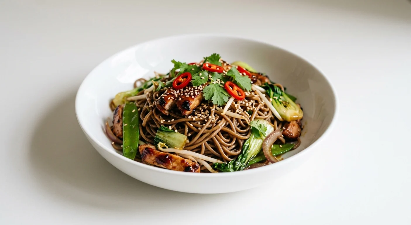 Wagamama Chicken Teriyaki Soba, teriyaki soba noodles with glazed chicken, mangetout, bok choi, chilli, coriander and sesame seeds in a white bowl, nutrition and calories