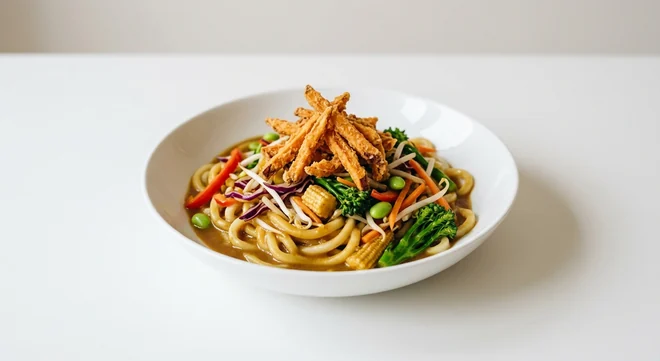 Wagamama Katsu Udon, udon noodles in katsu curry sauce with mixed vegetables, edamame and crispy sweet potato in a white bowl, nutrition and calories