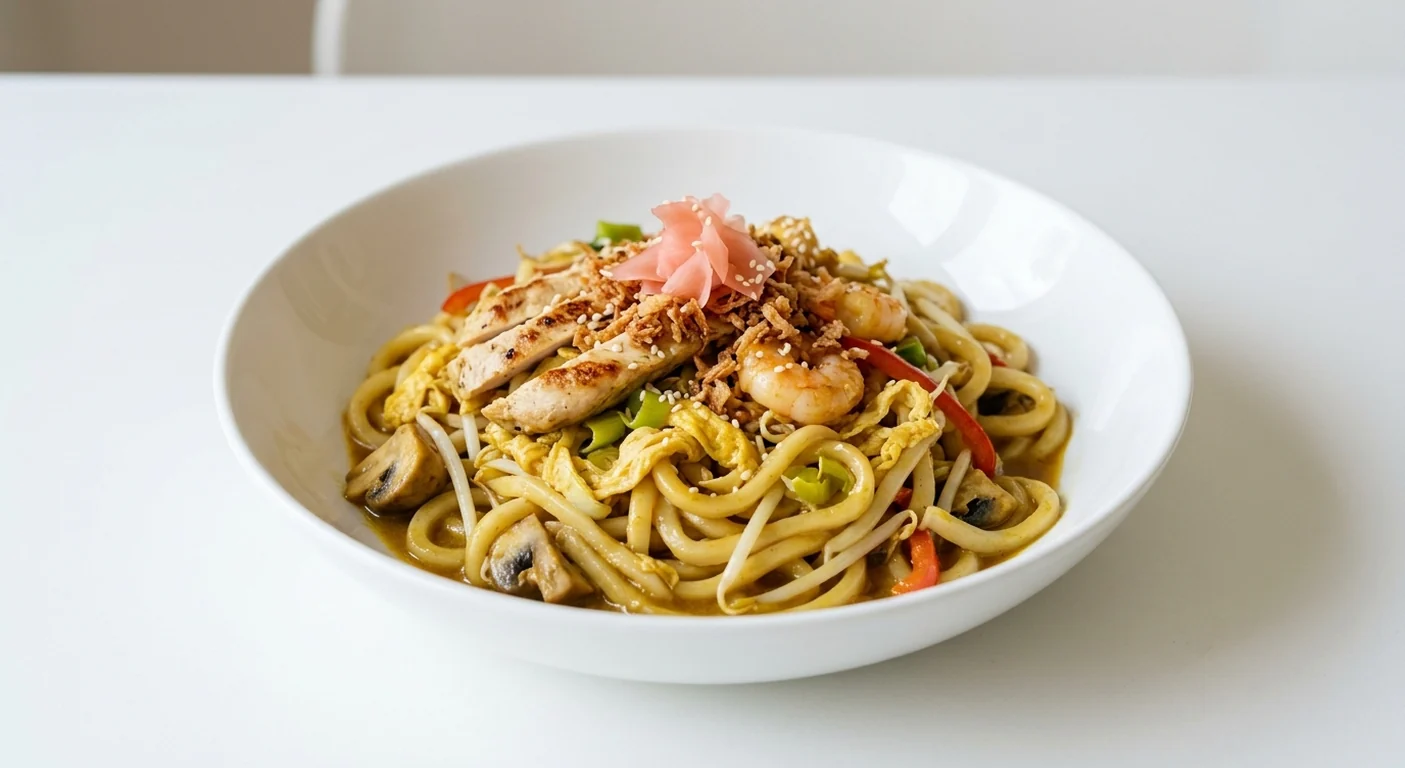 Wagamama Chicken and Prawn Yaki Udon, udon noodles in curry oil with chicken, prawns, egg, leek, mushrooms, peppers, pickled ginger and crispy onions in a white bowl, nutrition and calories