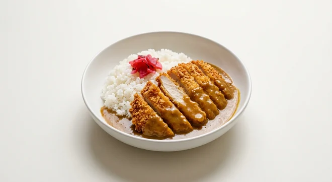 Wagamama Chicken Katsu Curry, panko chicken with sticky white rice, katsu curry sauce and pickles in a white bowl, nutrition and calories