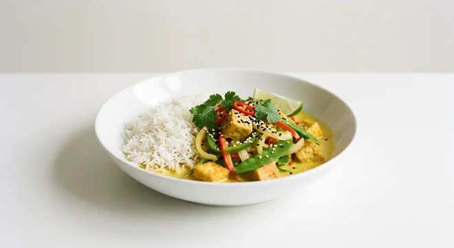 Wagamama Tofu Raisukaree, tofu in coconut curry with mangetout, peppers, white rice, chilli, coriander, sesame seeds and lime in a white bowl, nutrition and calories