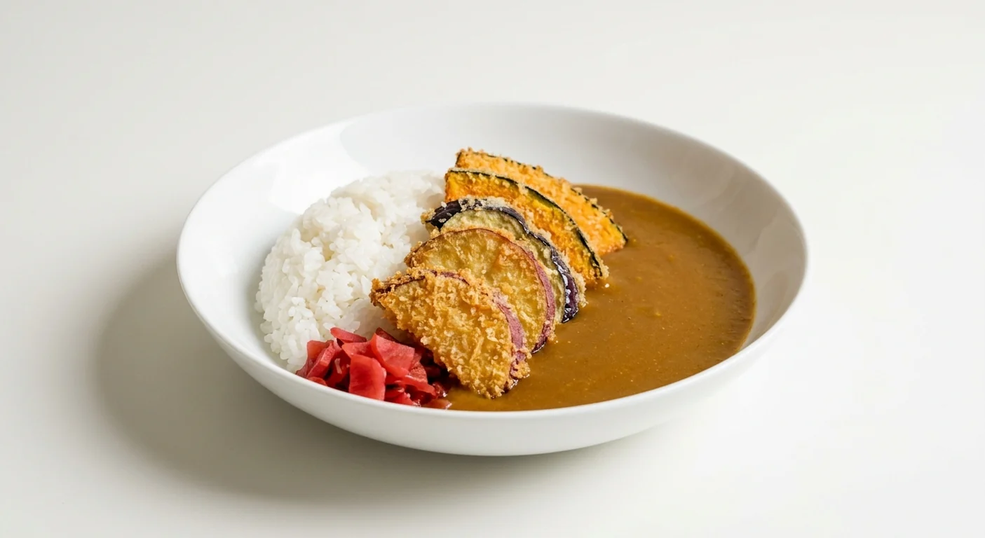 Wagamama Yasai Katsu Curry, panko sweet potato, aubergine and butternut squash with sticky white rice, katsu curry sauce and pickles in a white bowl, nutrition and calories