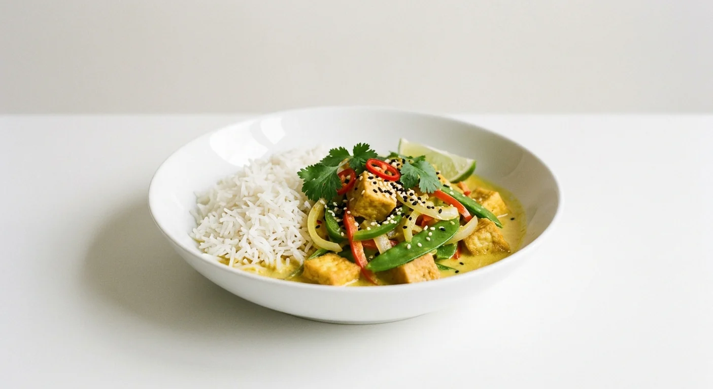 Wagamama Tofu Raisukaree, tofu in coconut curry with mangetout, peppers, white rice, chilli, coriander, sesame seeds and lime in a white bowl, nutrition and calories
