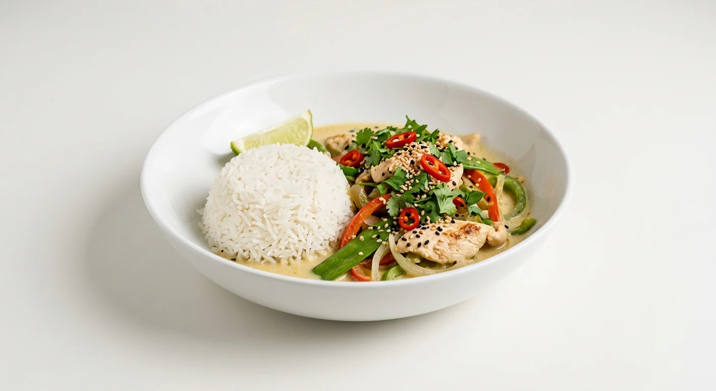 Wagamama Chicken Raisukaree, chicken in coconut curry with mangetout, peppers, white rice, chilli, coriander, sesame seeds and lime in a white bowl, nutrition and calories