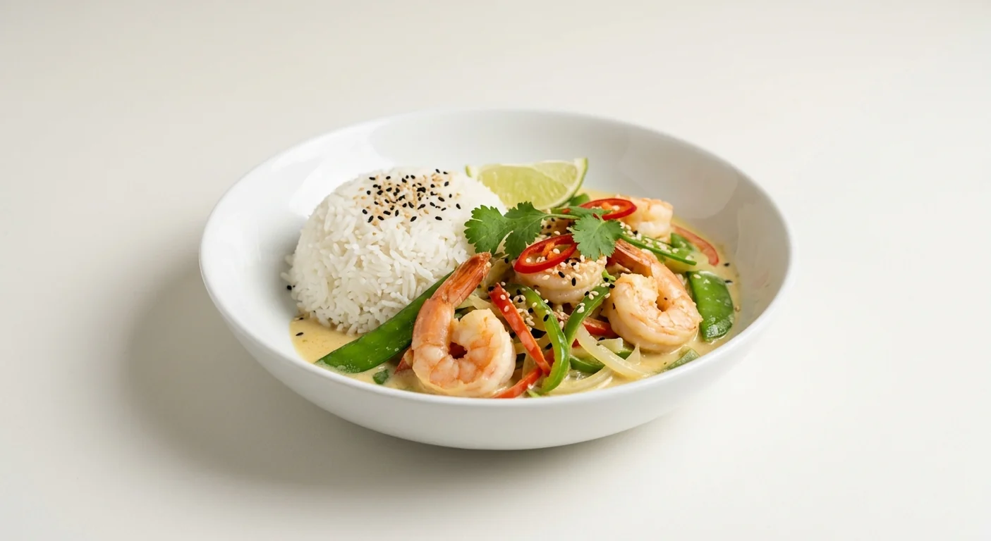 Wagamama Prawn Raisukaree, prawns in coconut curry with mangetout, peppers, white rice, chilli, coriander, sesame seeds and lime in a white bowl, nutrition and calories