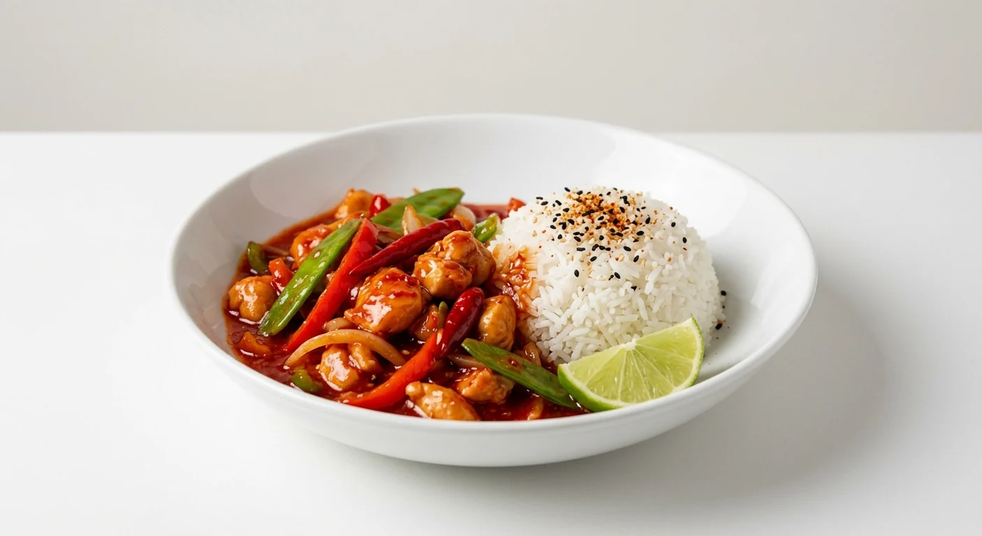 Wagamama Chicken Firecracker, chicken in fiery firecracker sauce with mangetout, peppers, red chillies, white rice, sesame seeds and lime in a white bowl, nutrition and calories