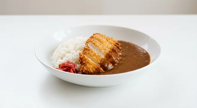 Wagamama Hot Chicken Katsu Curry, panko chicken with sticky white rice, hot katsu curry sauce and pickles in a white bowl, nutrition and calories