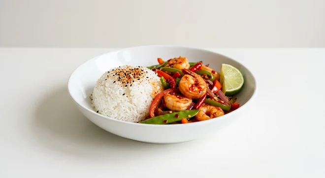 Wagamama Prawn Firecracker, prawns in fiery firecracker sauce with mangetout, peppers, red chillies, white rice, sesame seeds and lime in a white bowl, nutrition and calories
