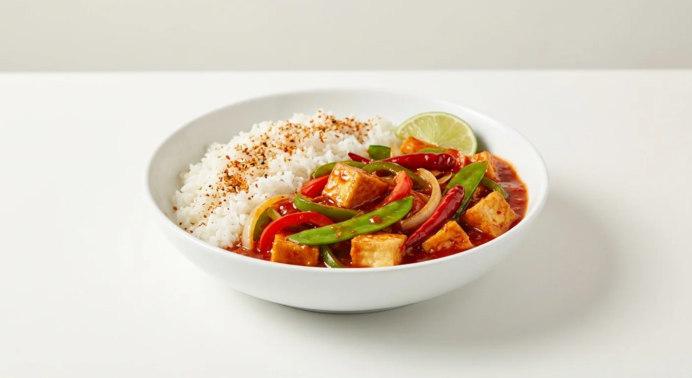 Wagamama Tofu Firecracker, tofu in fiery firecracker sauce with mangetout, peppers, red chillies, white rice, sesame seeds and lime in a white bowl, nutrition and calories