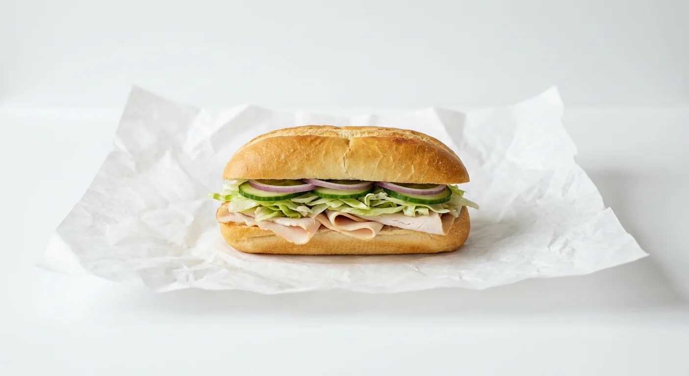 Subway Turkey 6 Inch Sub, sliced turkey with lettuce, cucumber and red onion in Italian white bread on white paper, nutrition and calories