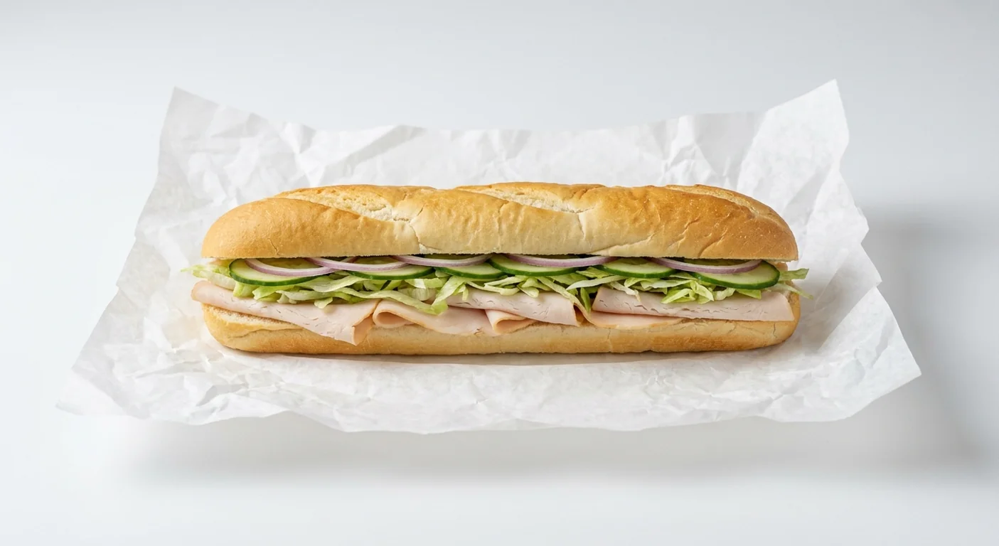 Subway Turkey Footlong Sub, sliced turkey with lettuce, cucumber and red onion in Italian white bread on white paper, nutrition and calories