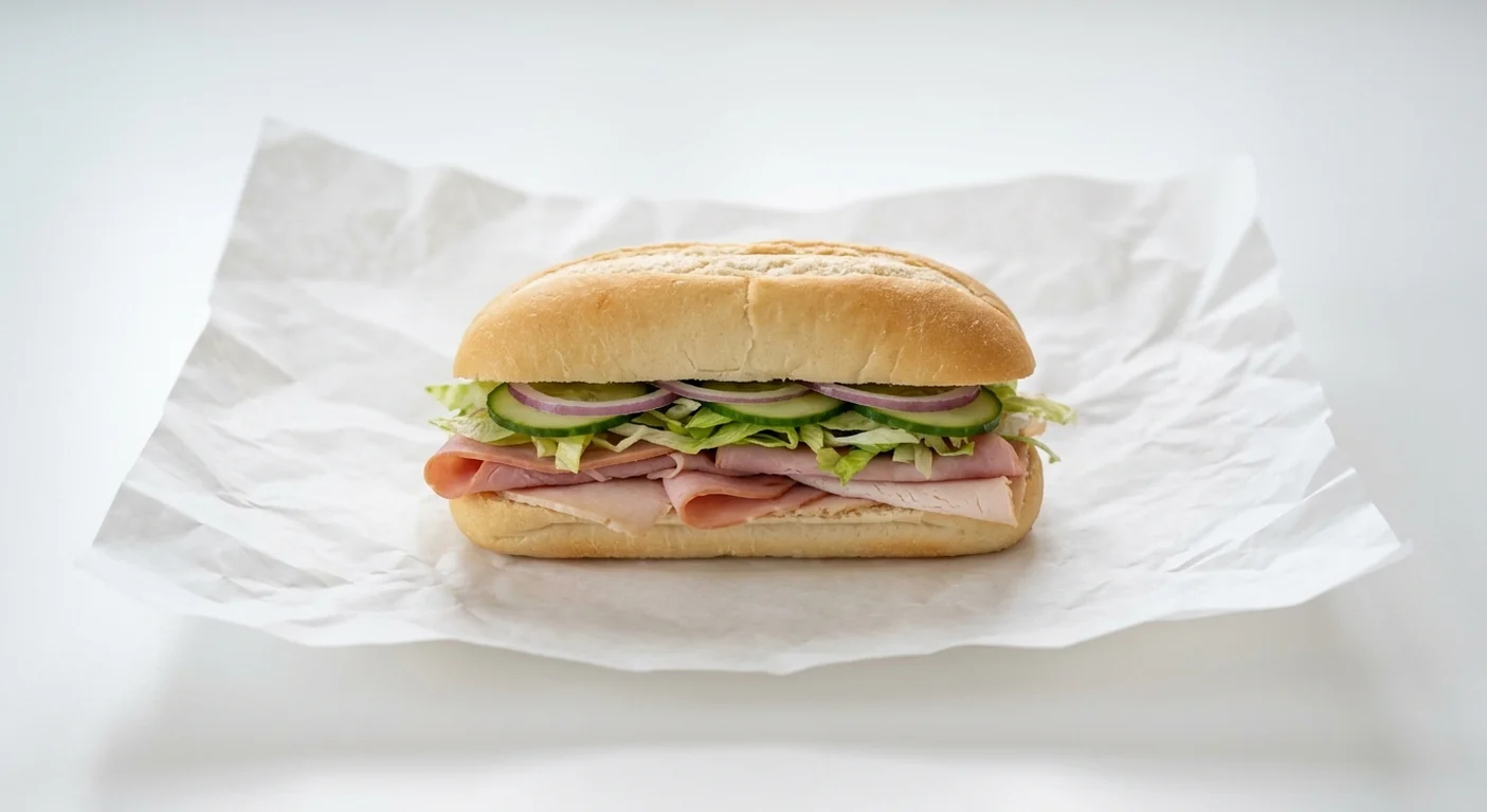 Subway Ham and Turkey 6 Inch Sub, sliced ham and turkey with lettuce, cucumber and red onion in Italian white bread on white paper, nutrition and calories