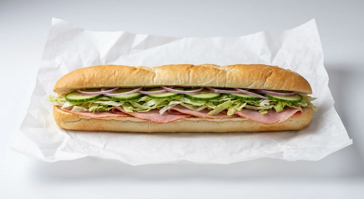 Subway Ham Footlong Sub, sliced ham with lettuce, cucumber and red onion in Italian white bread on white paper, nutrition and calories