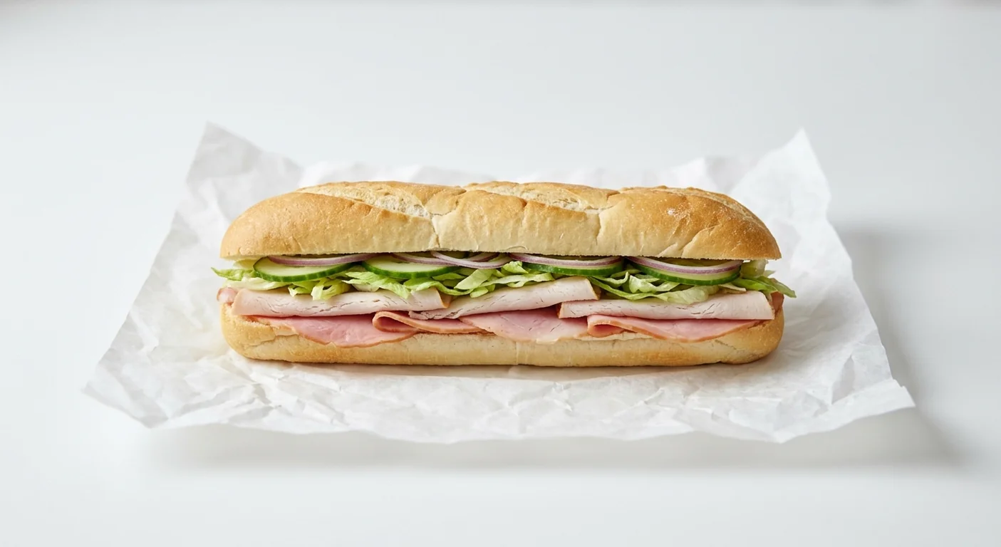 Subway Ham and Turkey Footlong Sub, sliced ham and turkey with lettuce, cucumber and red onion in Italian white bread on white paper, nutrition and calories