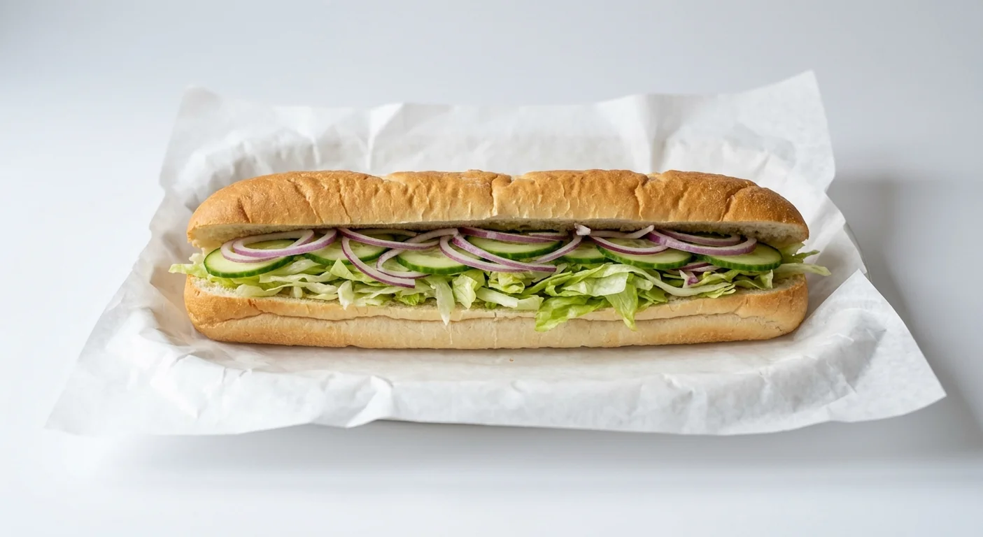Subway Veggie Delite Footlong Sub, lettuce, cucumber and red onion in Italian white bread on white paper, nutrition and calories