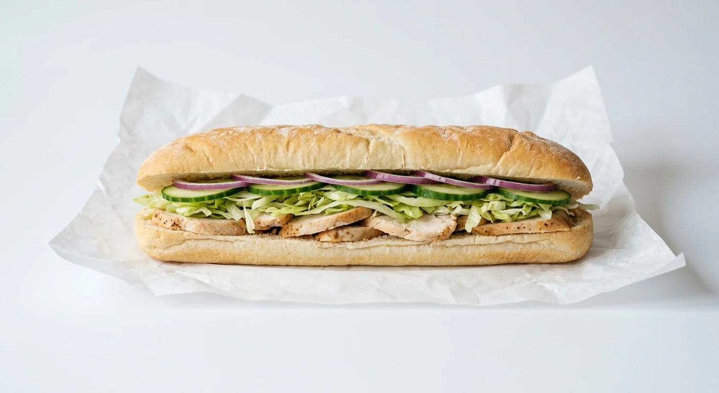 Subway Chicken Breast Footlong Sub, sliced roast chicken breast with lettuce, cucumber and red onion in Italian white bread on white paper, nutrition and calories