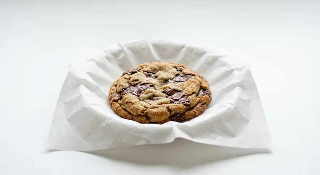 Subway Chocolate Chunk Cookie, one round soft-baked cookie with milk chocolate chunks on white paper, nutrition and calories