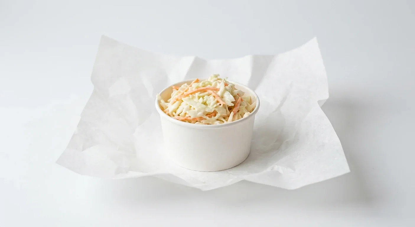 Subway Coleslaw, creamy shredded cabbage and carrot coleslaw in a plain white pot on white paper, nutrition and calories