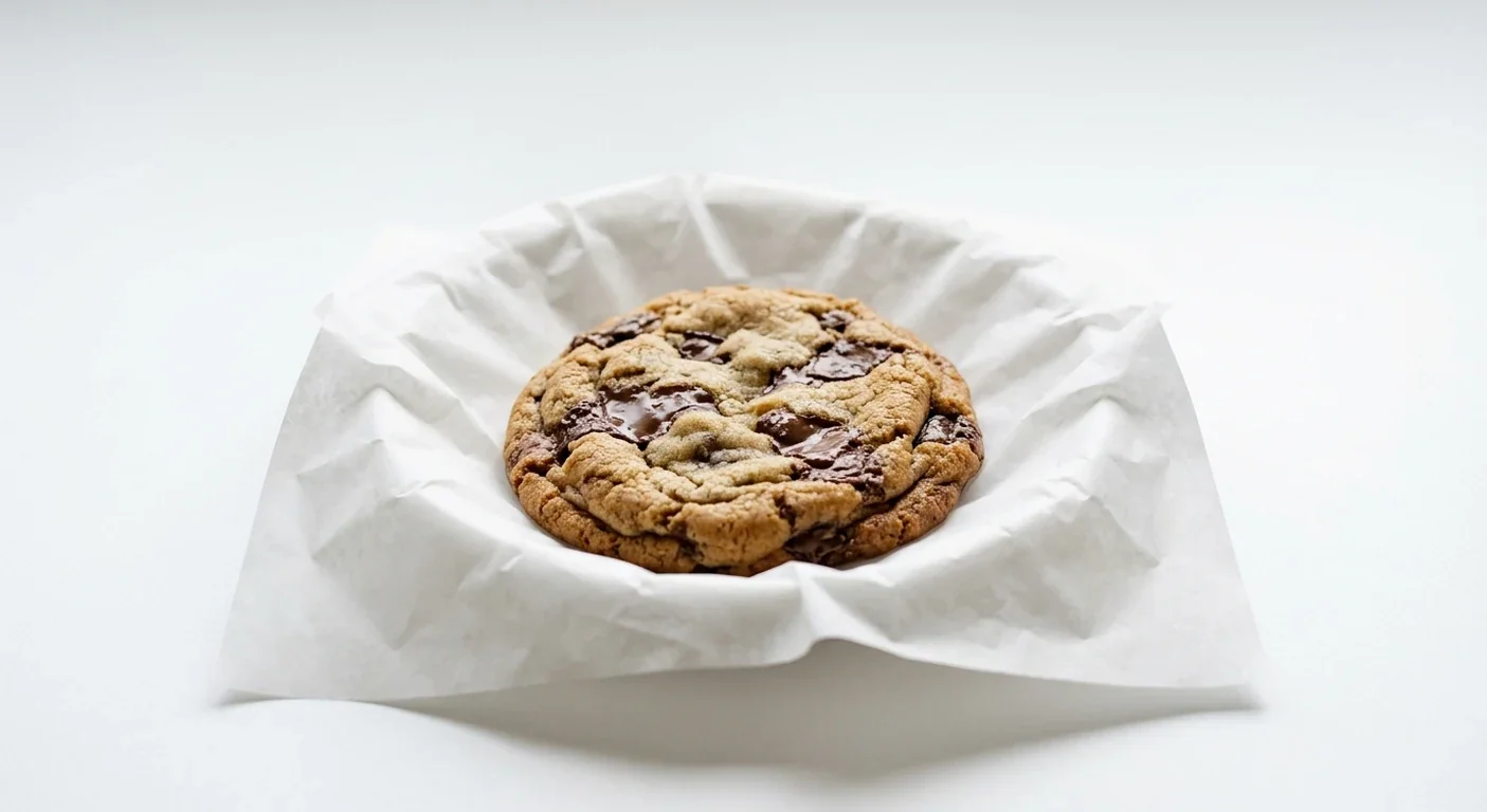 Subway Chocolate Chunk Cookie, one round soft-baked cookie with milk chocolate chunks on white paper, nutrition and calories