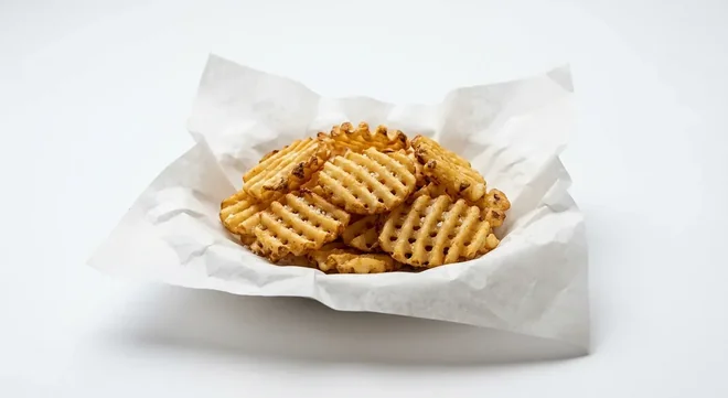 Subway Waffle Fries Large, a portion of crisscross waffle fries on white paper, nutrition and calories
